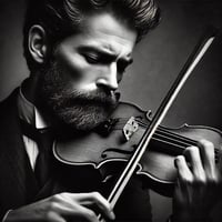 A black and white photograph of a bearded man playing a violin with intense concentration. The dark background emphasizes the man's expressive face and skilled hands, capturing the passion and dedication of the musician.