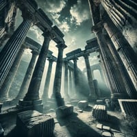 Mysterious ancient Greek temple ruins under a partly cloudy sky, viewed from a low angle. The scene is filled with standing columns and partial stone structures, bathed in eerie light and shadows, with overgrown vegetation adding to the sense of ancient abandonment.